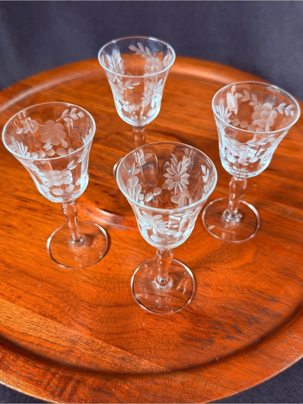 Etched Crystal Cordial Glasses - Clear Floral Design (Set of 4)